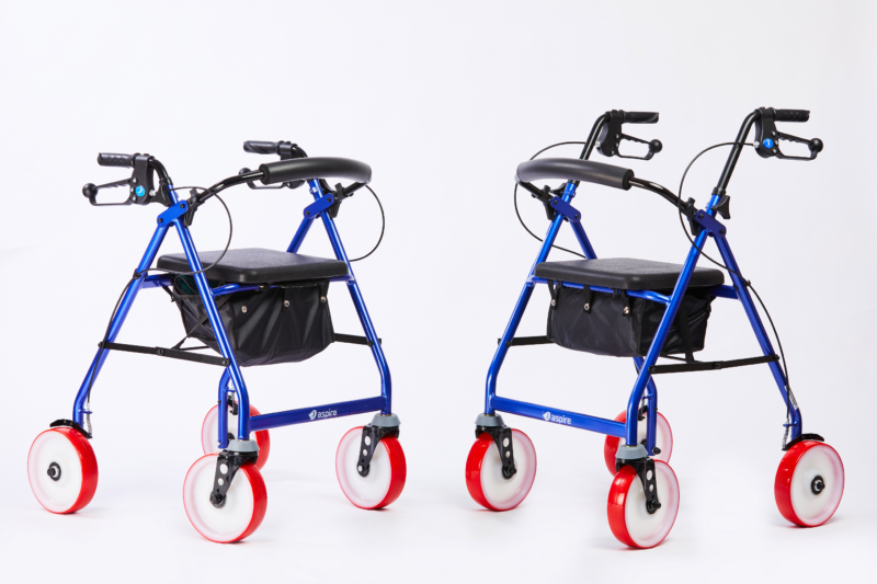 Two identical blue rollators with red and white wheels, featuring padded seats, black storage pouches under the seats, and ergonomic handles with brake controls, branded 'aspire'