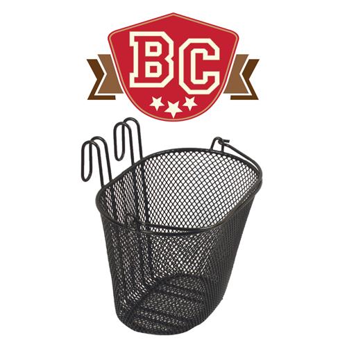 A metal mesh bicycle basket in dark grey/black, featuring a simple and durable design. The basket includes hooks for attaching to the front of a bicycle. The image also displays a logo with the letters 'BC' inside a red shield with white stars and ribbon details