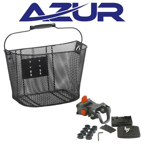 A black metal mesh bicycle basket with a handle, accompanied by mounting hardware. The hardware includes various small parts and an attachment mechanism for securing the basket to the bike. The image also displays the 'Azur' logo in bold blue lettering at the top.