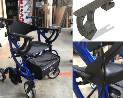 The image shows a custom-engineered mobility aid, specifically a walker or rollator, designed to enhance user comfort and functionality. The main part of the image displays the rollator itself, which features a seat, sturdy frame, and wheels for easy movement. There are armrests with a unique design for added support. The inset images highlight the detailed engineering of a component, likely a 3D-printed part, labeled "Left" and "Right." These parts are designed to attach to the rollator, providing additional functionality or support. The detailed CAD drawings demonstrate precision and innovation, underscoring the customisation capabilities to meet specific needs. This setup exemplifies how bespoke assistive devices can be created using advanced engineering and design techniques, significantly improving the quality of life for individuals with mobility challenges.