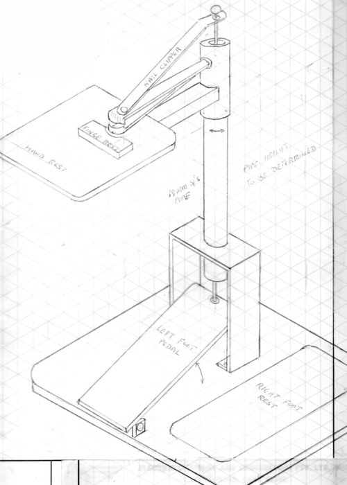 A technical drawing of a mechanical device designed to assist with nail clipping. The drawing is detailed and includes labels for various parts such as the "Hand Rest," "Nail Clipper," "Left Foot Pedal," and "Right Foot Rest." The device appears to include a vertical adjustable pipe and a foot-operated mechanism. The drawing is created on graph paper, providing a clear and precise representation of the design.