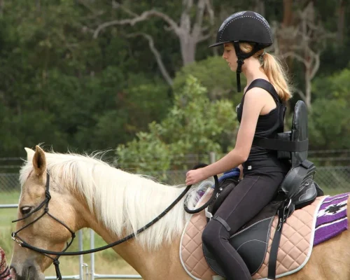 In a tranquil outdoor setting, a young girl with light brown hair tied back in a ponytail is riding a light tan horse. She is dressed in a black riding outfit, including a helmet, and is sitting in a well-padded saddle with a quilted design and a purple saddle blanket underneath. The girl is holding the reins and appears focused as she rides, with lush greenery and trees in the background, suggesting a peaceful equestrian environment."